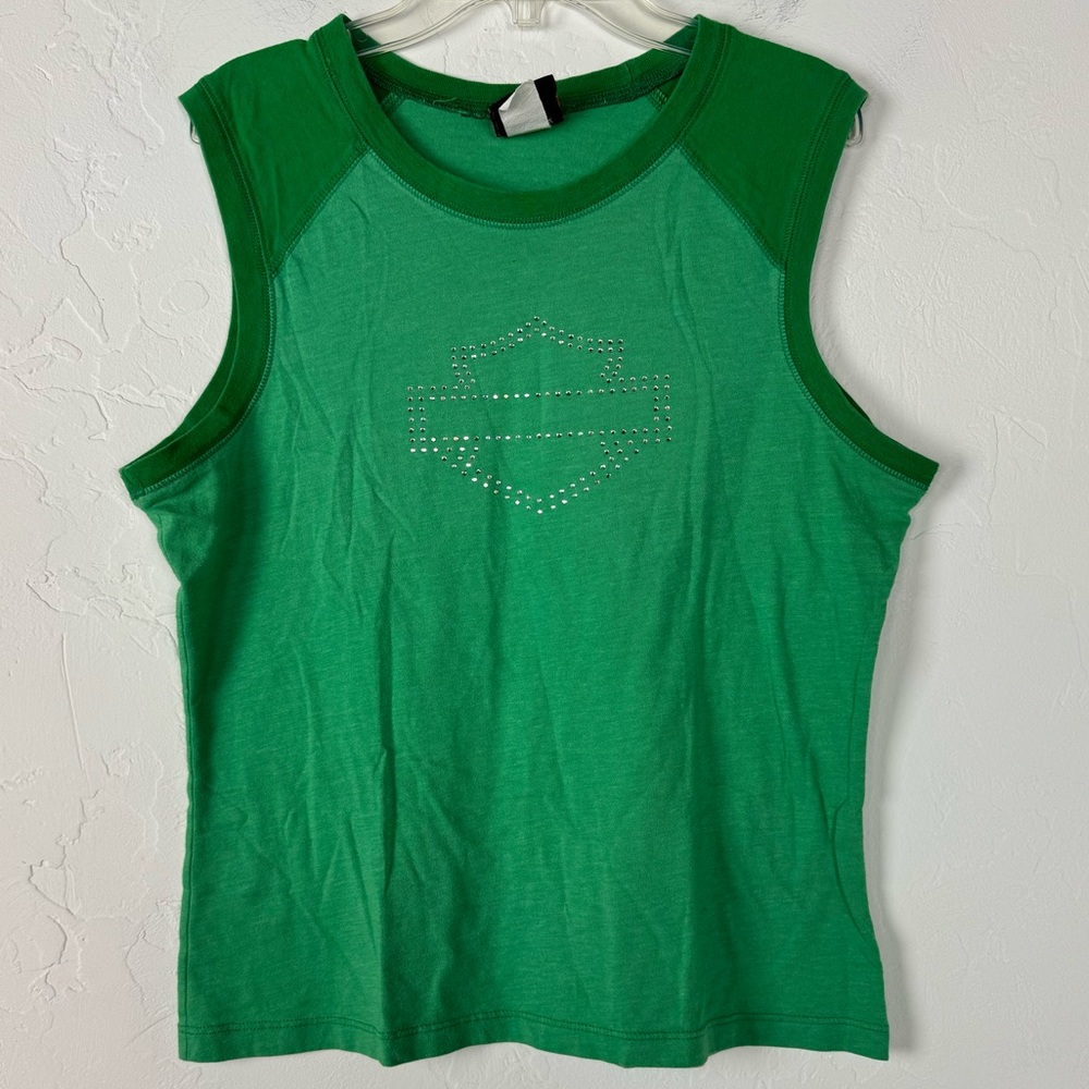 VTG Harley Davidson Tank Top Sleeveless Shirt Tee Bling Jewel Logo Front‎ Green